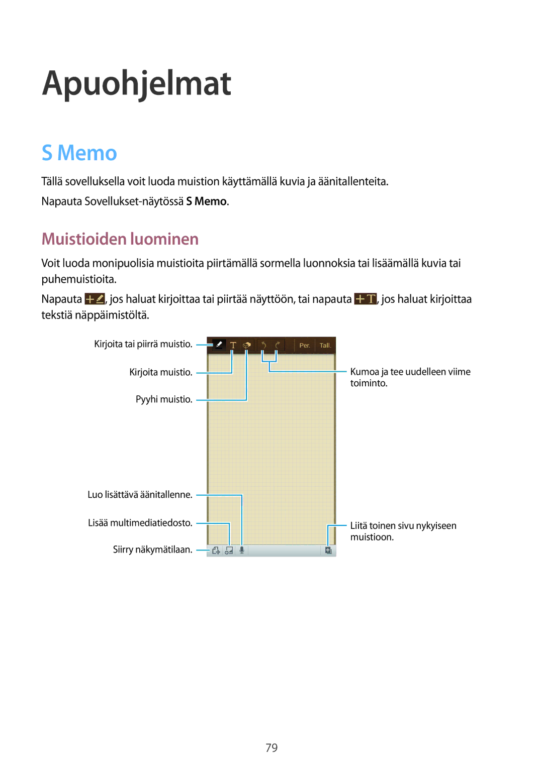 Samsung SM-G3815ZBANEE, SM-G3815RWANEE, SM-G3815HKANEE manual Apuohjelmat, Memo, Muistioiden luominen 