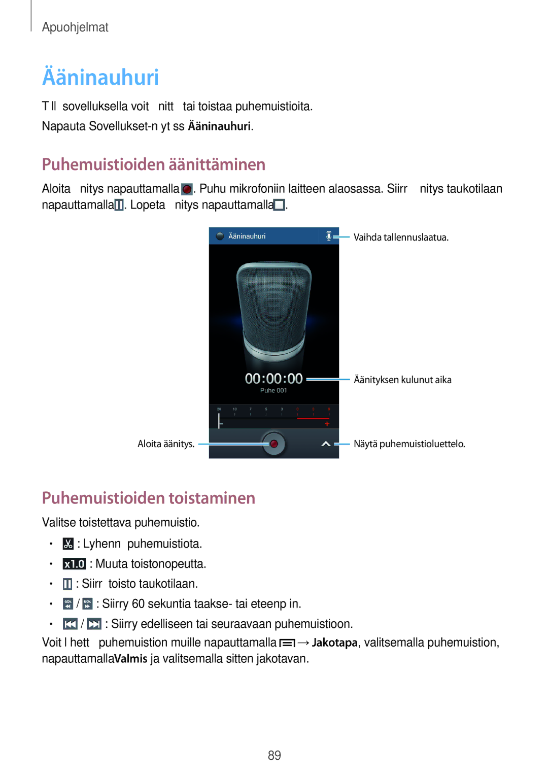 Samsung SM-G3815HKANEE, SM-G3815RWANEE manual Ääninauhuri, Puhemuistioiden äänittäminen, Puhemuistioiden toistaminen 
