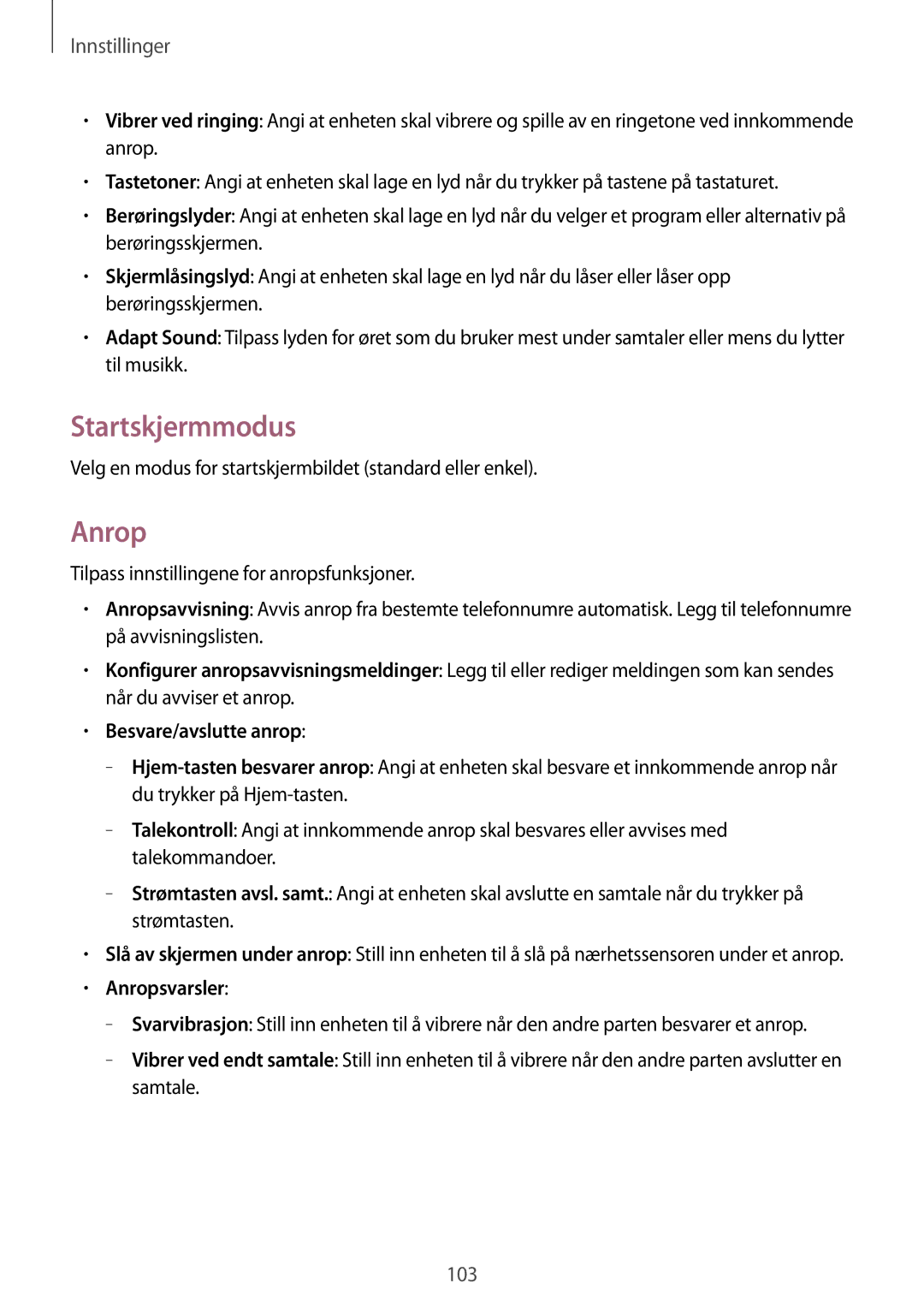 Samsung SM-G3815ZBANEE manual Startskjermmodus, Velg en modus for startskjermbildet standard eller enkel, Anropsvarsler 