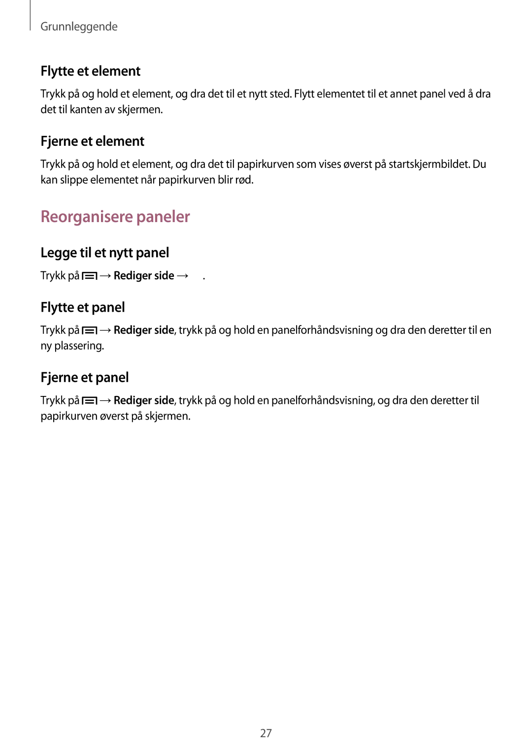 Samsung SM-G3815RWANEE, SM-G3815ZBANEE, SM-G3815HKANEE manual Reorganisere paneler 