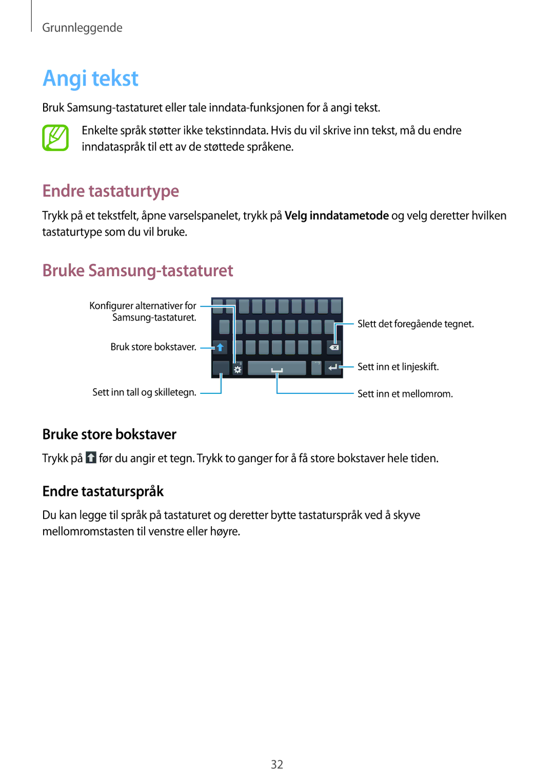 Samsung SM-G3815HKANEE, SM-G3815RWANEE Angi tekst, Endre tastaturtype, Bruke Samsung-tastaturet, Bruke store bokstaver 