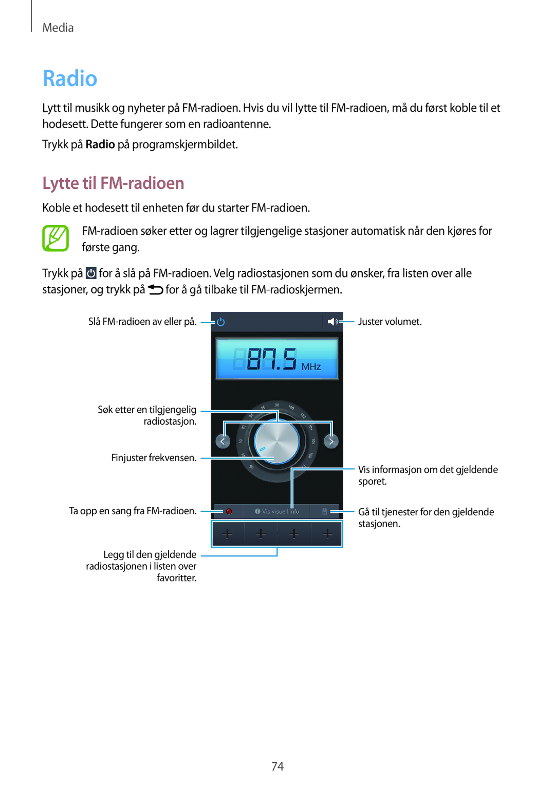 Samsung SM-G3815HKANEE, SM-G3815RWANEE, SM-G3815ZBANEE manual Radio, Lytte til FM-radioen 