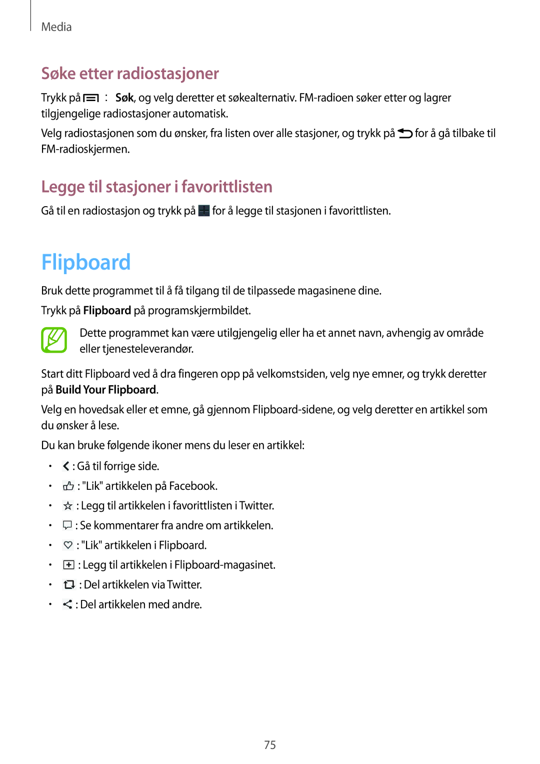 Samsung SM-G3815RWANEE, SM-G3815ZBANEE manual Flipboard, Søke etter radiostasjoner, Legge til stasjoner i favorittlisten 