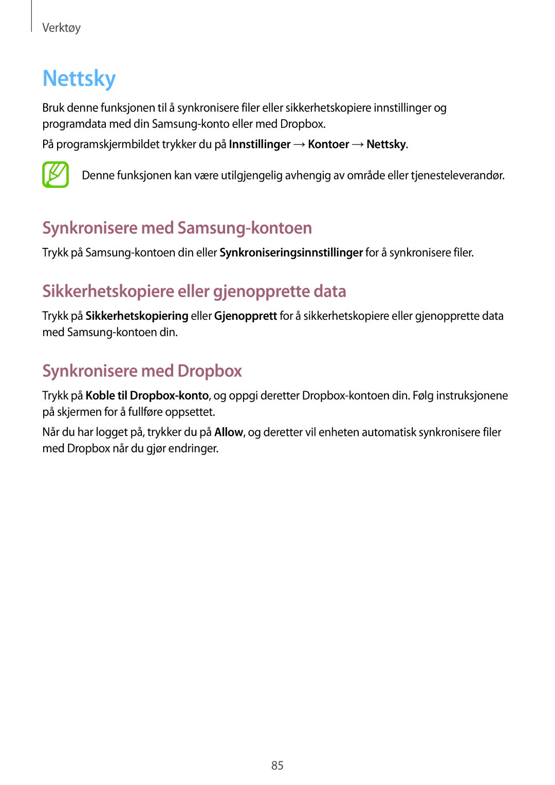 Samsung SM-G3815ZBANEE manual Nettsky, Synkronisere med Samsung-kontoen, Sikkerhetskopiere eller gjenopprette data 