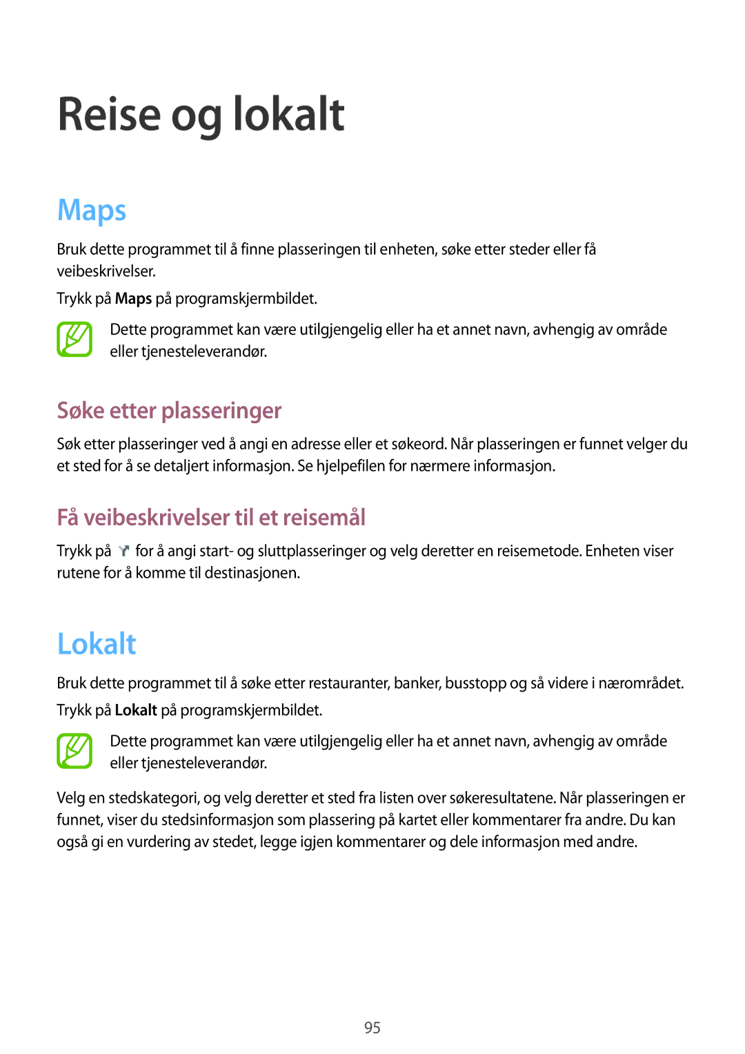 Samsung SM-G3815HKANEE manual Reise og lokalt, Maps, Lokalt, Søke etter plasseringer, Få veibeskrivelser til et reisemål 