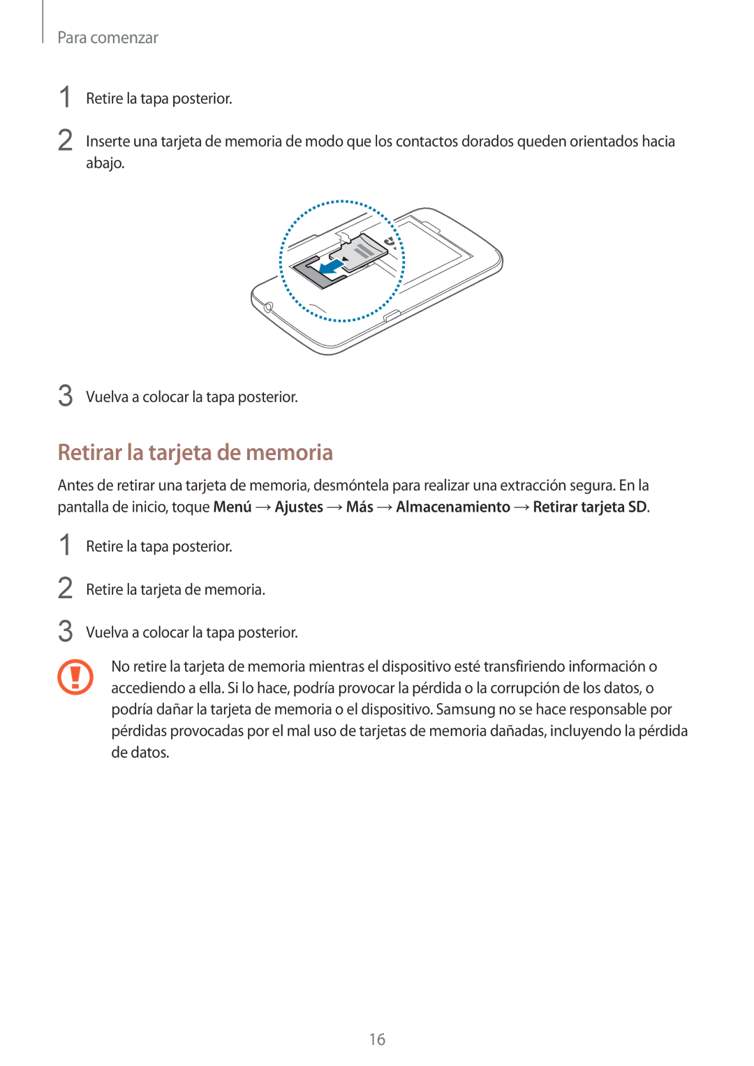 Samsung SM-G3815ZBAPHE, SM-G3815RWAOMN, SM-G3815RWAATL, SM-G3815RWAPHE, SM-G3815ZBAATL manual Retirar la tarjeta de memoria 