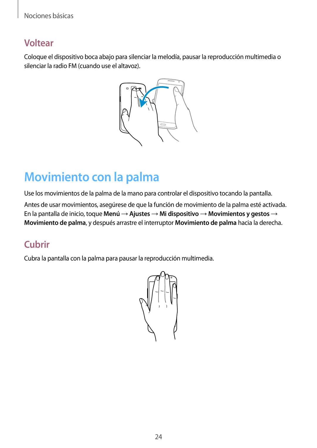 Samsung SM-G3815ZBAATL, SM-G3815RWAOMN, SM-G3815ZBAPHE, SM-G3815RWAATL manual Movimiento con la palma, Voltear, Cubrir 