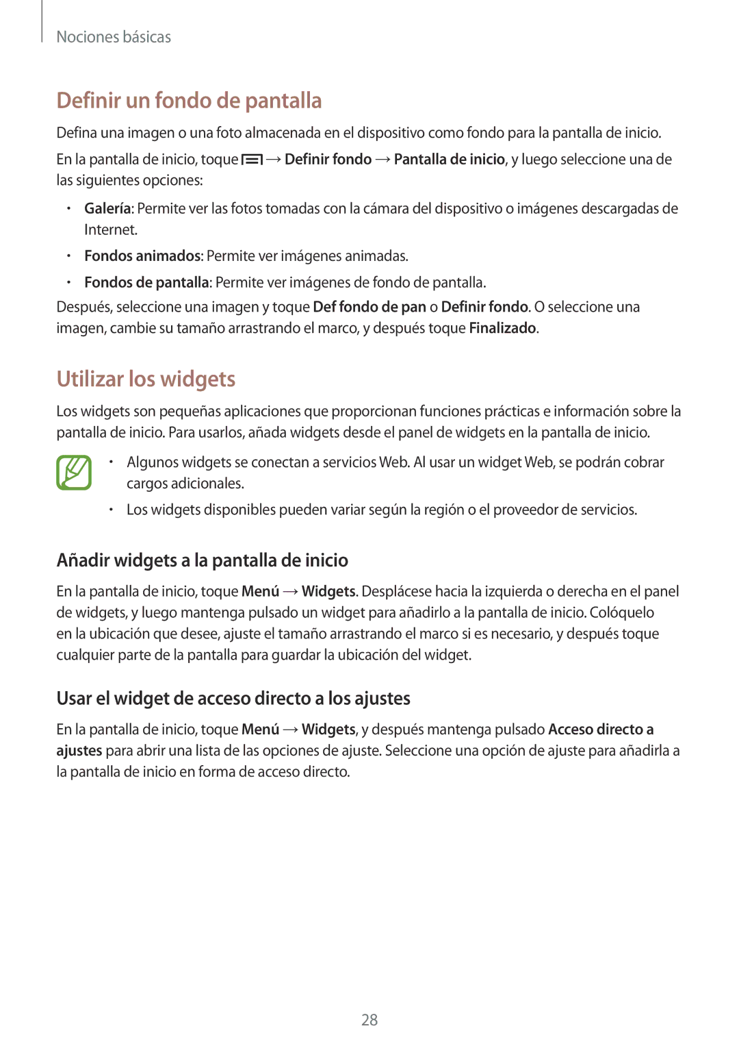 Samsung SM-G3815RWAPHE manual Definir un fondo de pantalla, Utilizar los widgets, Añadir widgets a la pantalla de inicio 