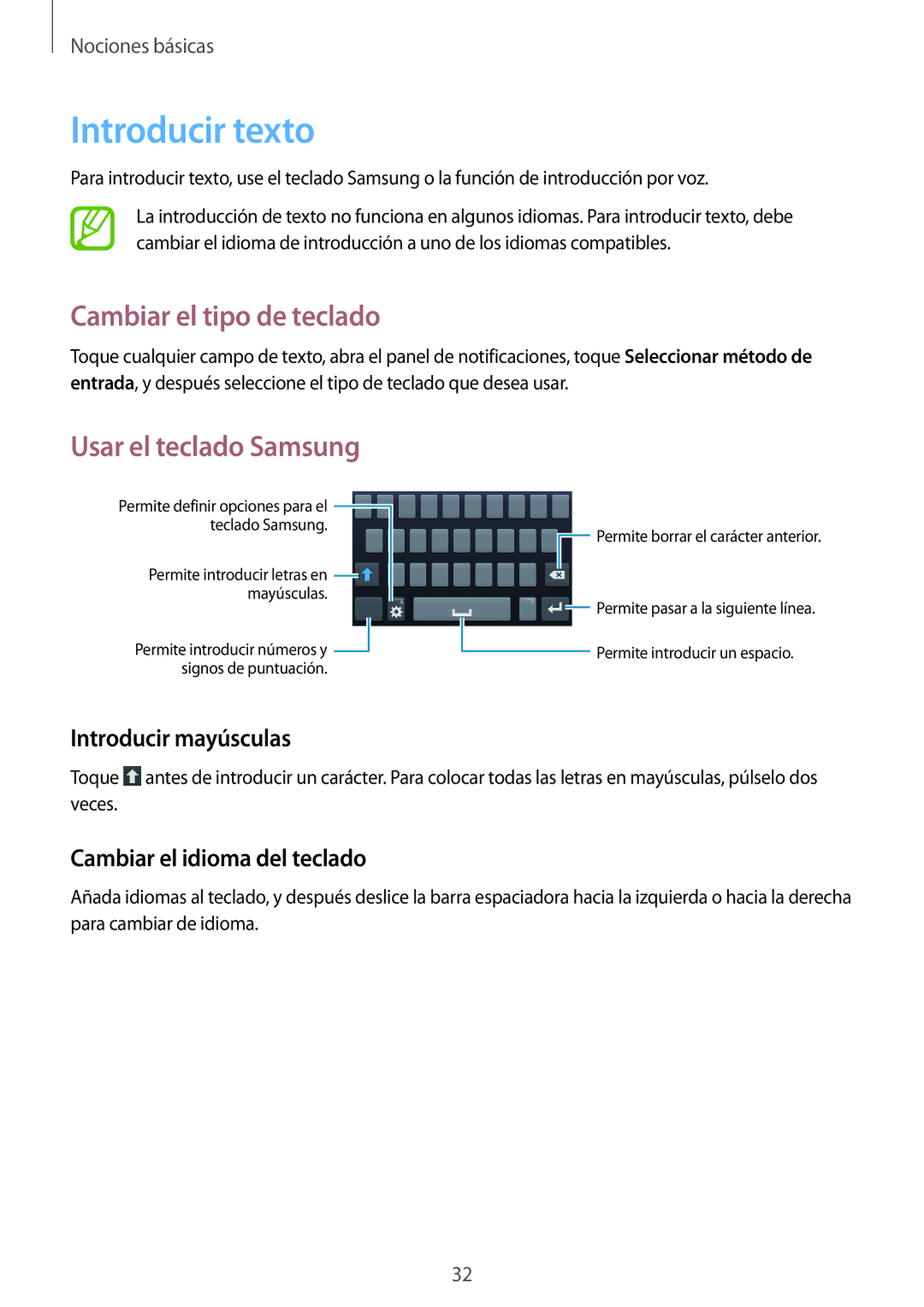 Samsung SM-G3815RWAATL manual Introducir texto, Cambiar el tipo de teclado, Usar el teclado Samsung, Introducir mayúsculas 