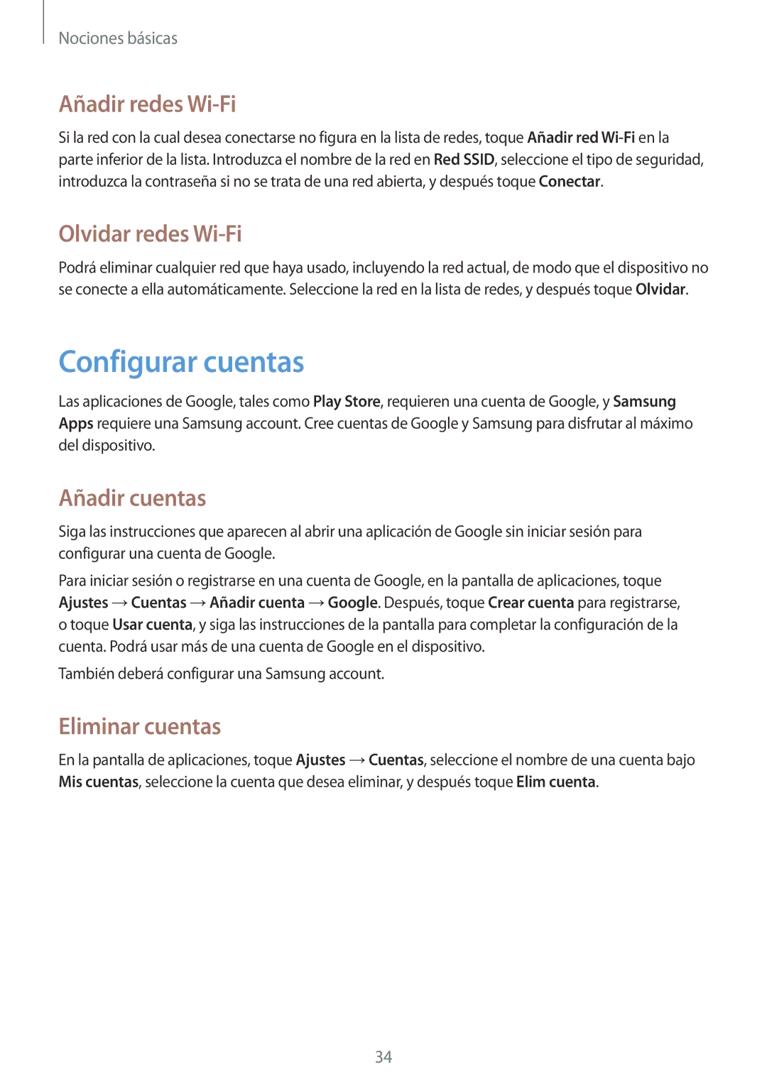 Samsung SM-G3815ZBAATL manual Configurar cuentas, Añadir redes Wi-Fi, Olvidar redes Wi-Fi, Añadir cuentas, Eliminar cuentas 
