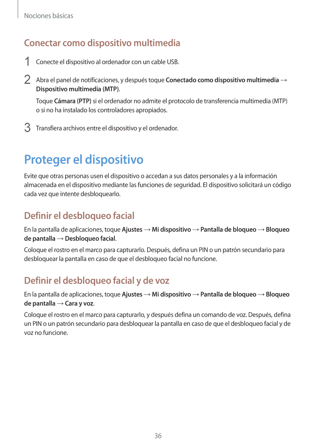 Samsung SM-G3815ZBAPHE manual Proteger el dispositivo, Conectar como dispositivo multimedia, Definir el desbloqueo facial 