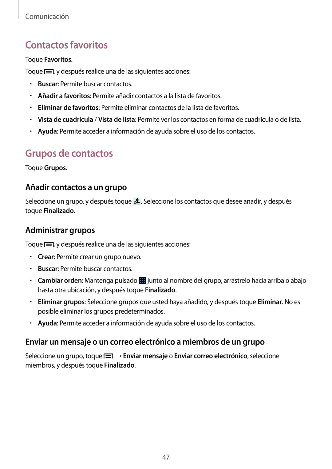 Samsung SM-G3815RWAATL manual Contactos favoritos, Grupos de contactos, Añadir contactos a un grupo, Administrar grupos 