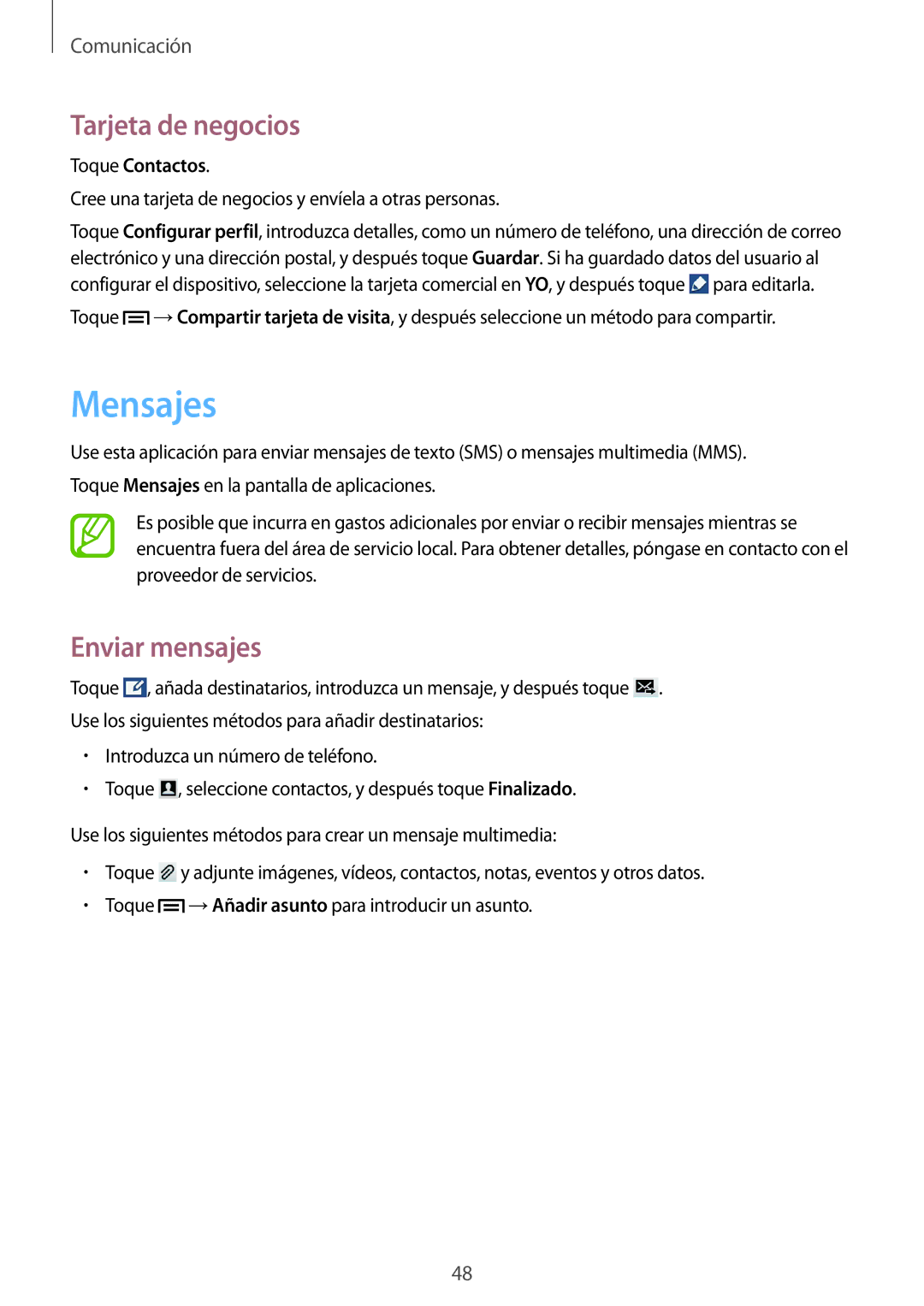 Samsung SM-G3815RWAPHE, SM-G3815RWAOMN, SM-G3815ZBAPHE, SM-G3815RWAATL manual Mensajes, Tarjeta de negocios, Enviar mensajes 