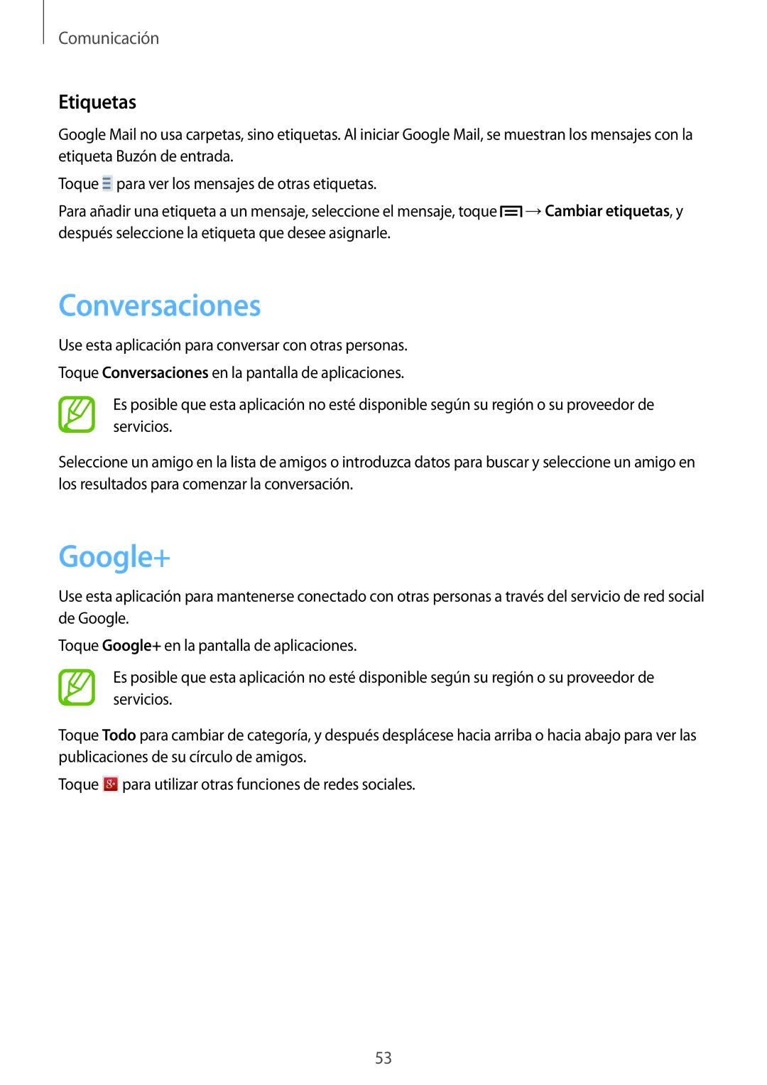 Samsung SM-G3815RWAPHE, SM-G3815RWAOMN, SM-G3815ZBAPHE, SM-G3815RWAATL, SM-G3815ZBAATL Conversaciones, Google+, Etiquetas 