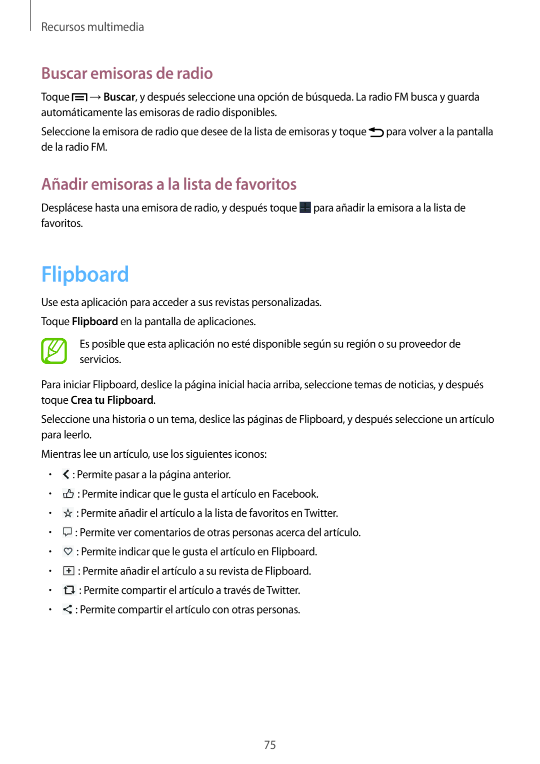 Samsung SM-G3815RWAOMN, SM-G3815ZBAPHE manual Flipboard, Buscar emisoras de radio, Añadir emisoras a la lista de favoritos 