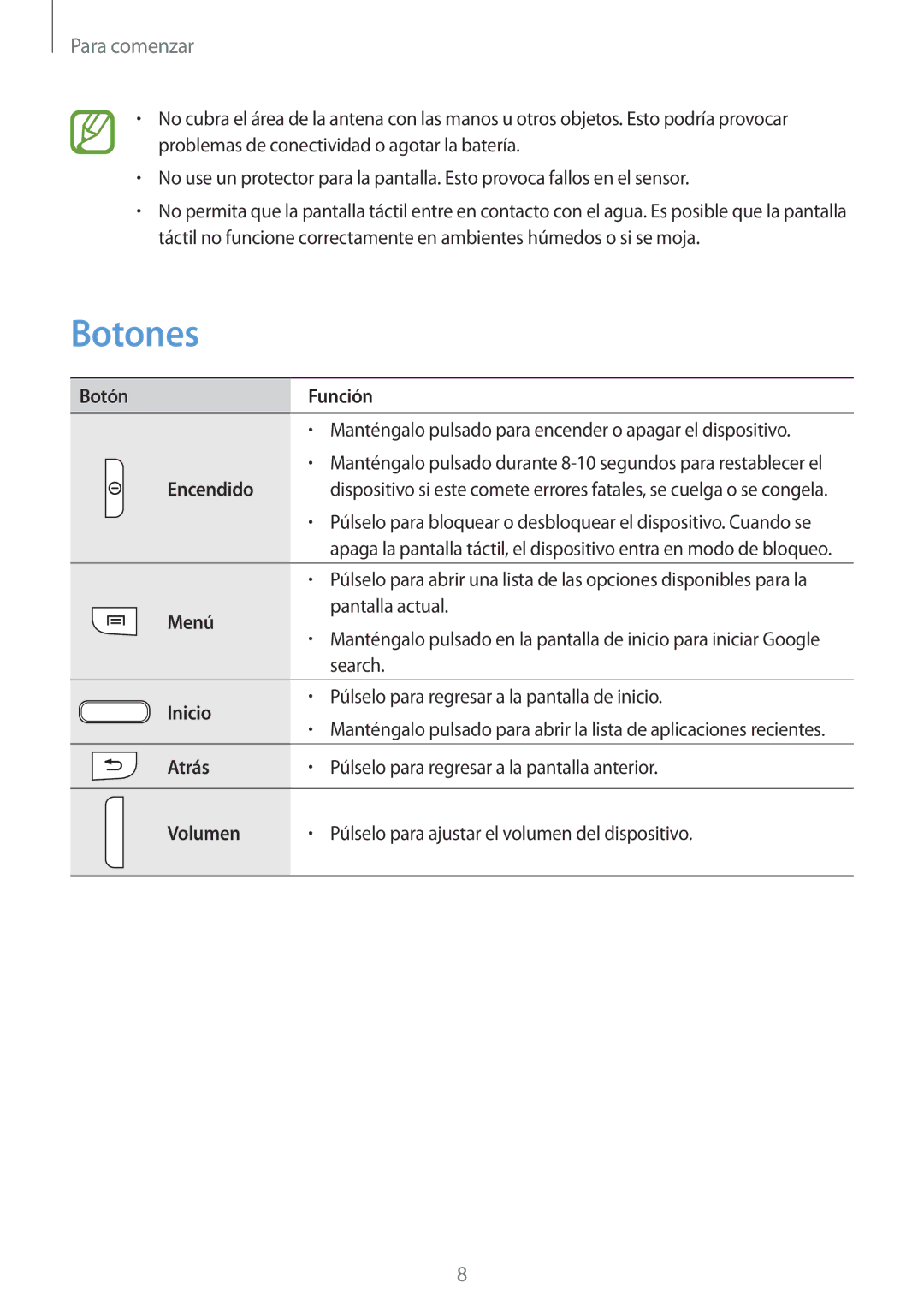 Samsung SM-G3815RWAPHE, SM-G3815RWAOMN, SM-G3815ZBAPHE, SM-G3815RWAATL, SM-G3815ZBAATL manual Botones 