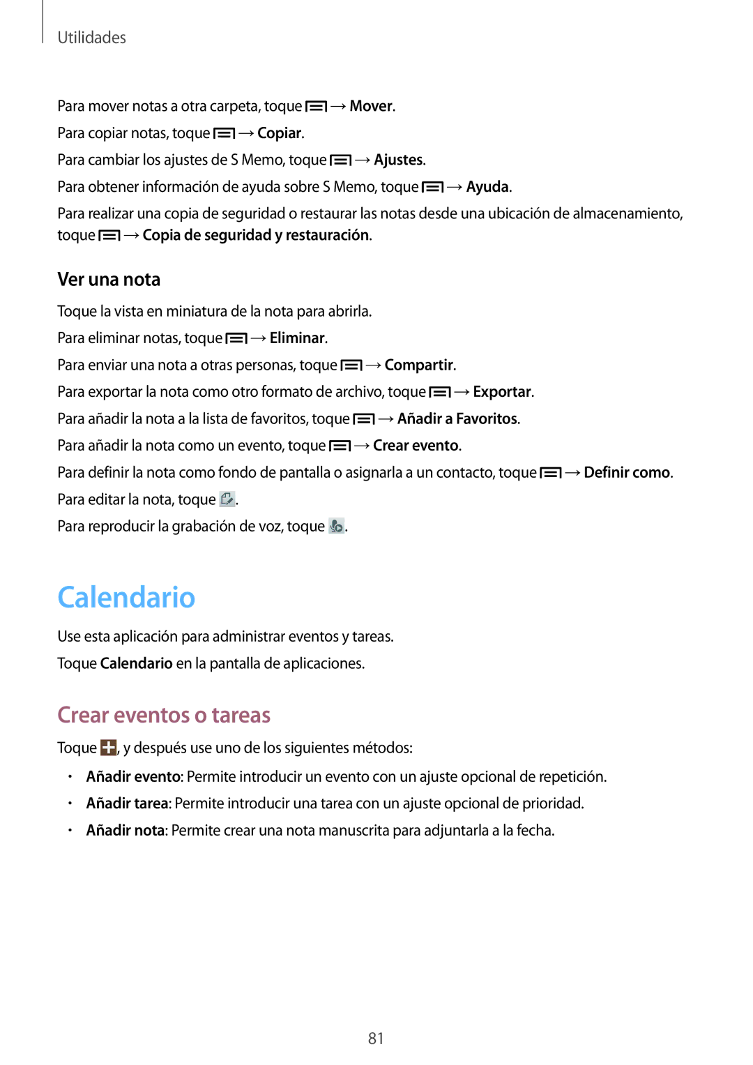 Samsung SM-G3815ZBAPHE, SM-G3815RWAOMN, SM-G3815RWAATL, SM-G3815RWAPHE manual Calendario, Crear eventos o tareas, Ver una nota 