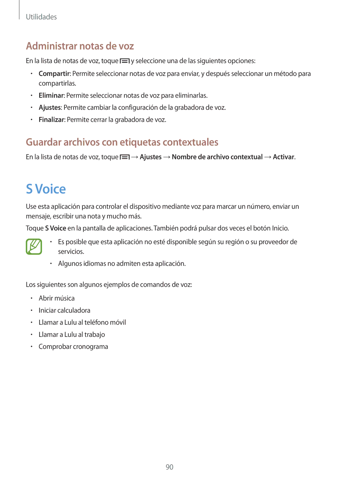 Samsung SM-G3815RWAOMN, SM-G3815ZBAPHE manual Voice, Administrar notas de voz, Guardar archivos con etiquetas contextuales 