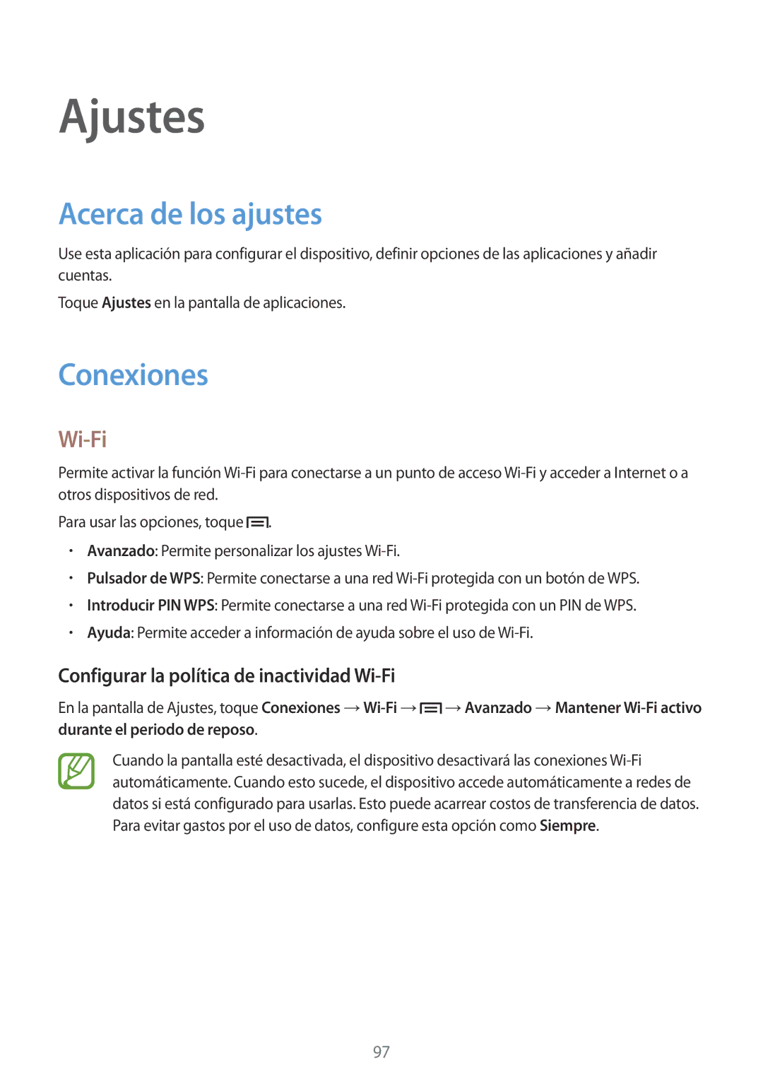 Samsung SM-G3815RWAATL manual Ajustes, Acerca de los ajustes, Conexiones, Configurar la política de inactividad Wi-Fi 