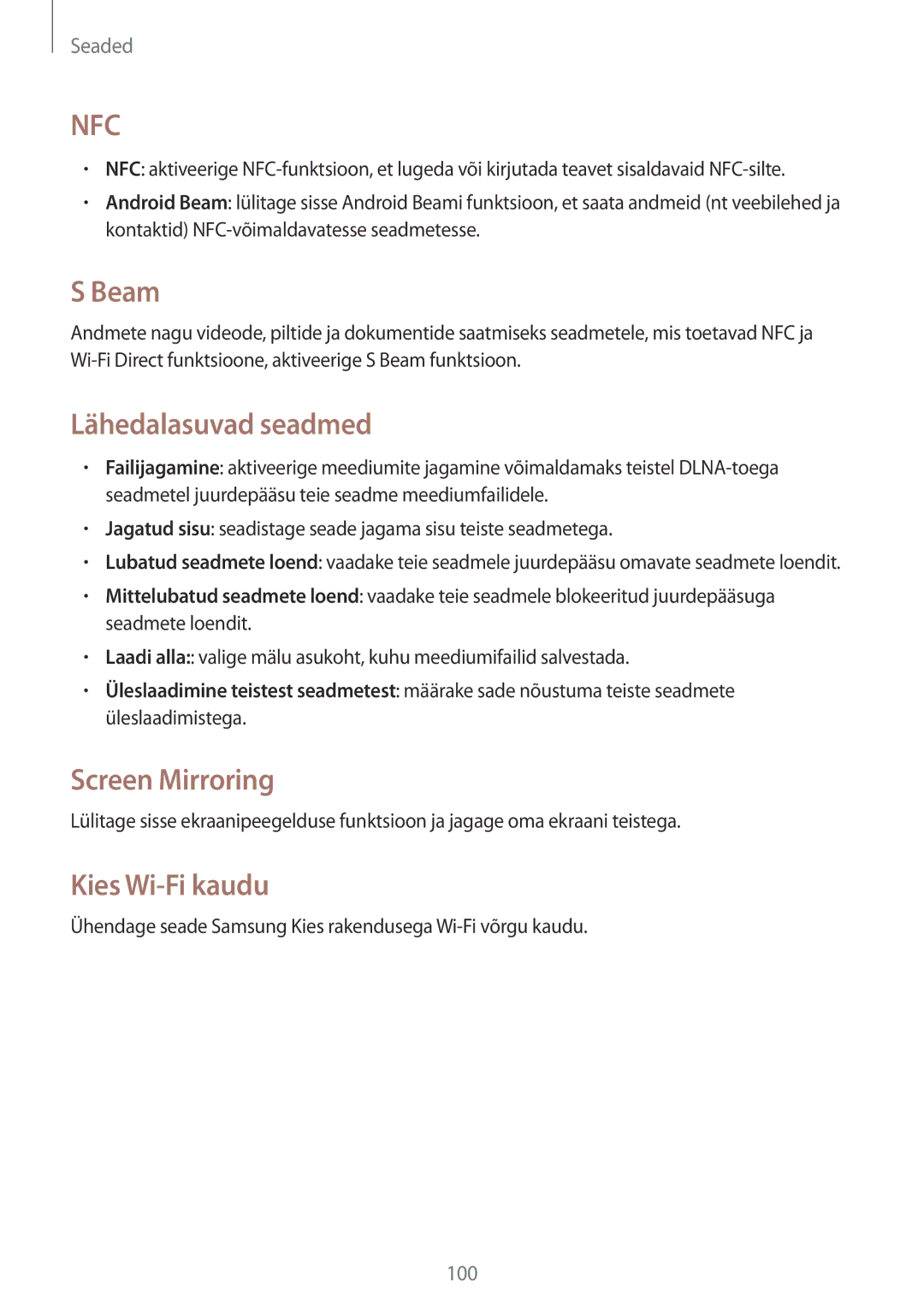 Samsung SM-G3815RWASEB, SM-G3815ZBASEB manual Beam, Lähedalasuvad seadmed, Screen Mirroring, Kies Wi-Fi kaudu 