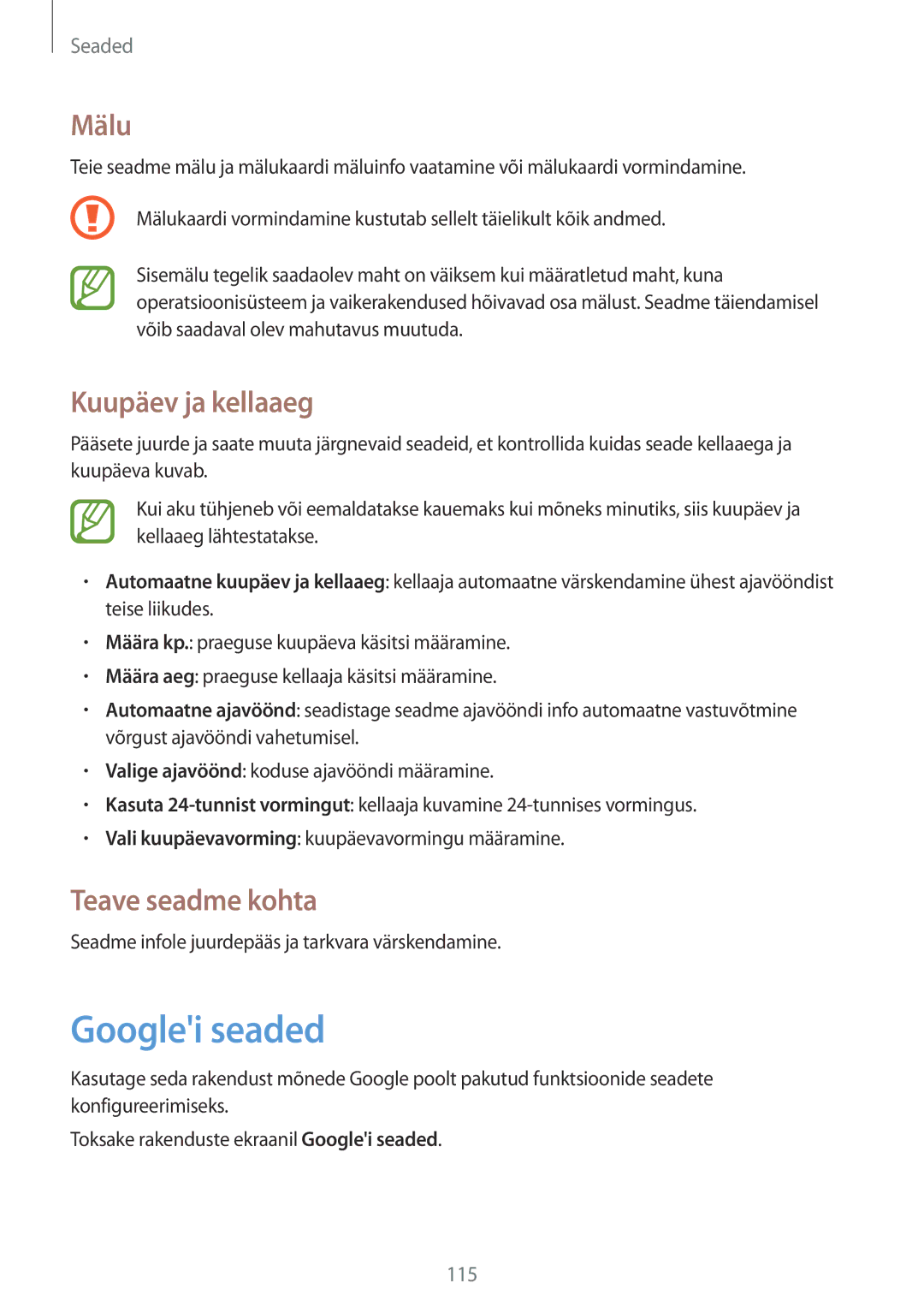 Samsung SM-G3815ZBASEB, SM-G3815RWASEB manual Googlei seaded, Mälu, Kuupäev ja kellaaeg, Teave seadme kohta 