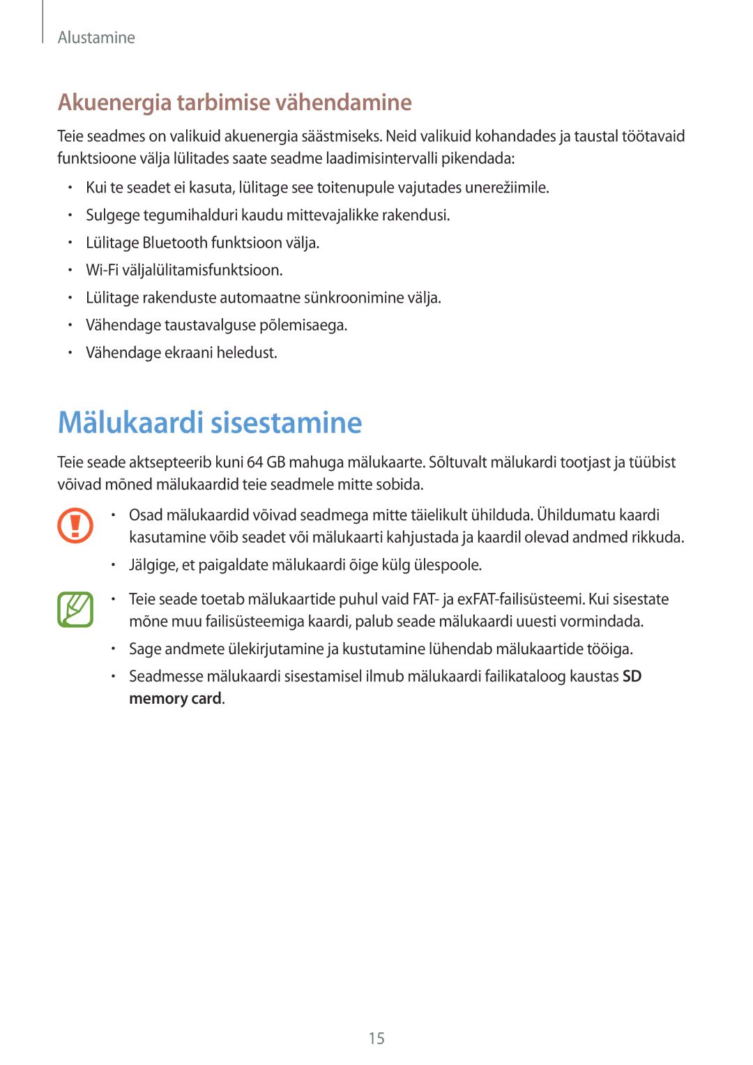 Samsung SM-G3815ZBASEB, SM-G3815RWASEB manual Mälukaardi sisestamine, Akuenergia tarbimise vähendamine 