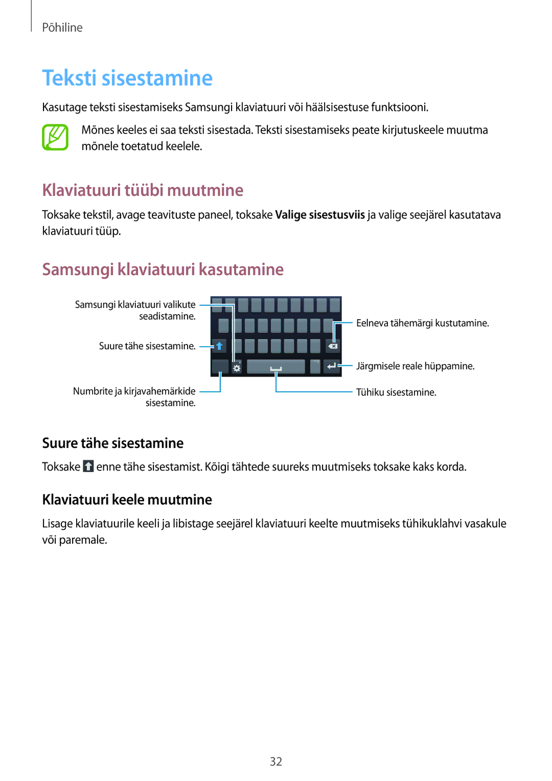 Samsung SM-G3815RWASEB, SM-G3815ZBASEB Teksti sisestamine, Klaviatuuri tüübi muutmine, Samsungi klaviatuuri kasutamine 