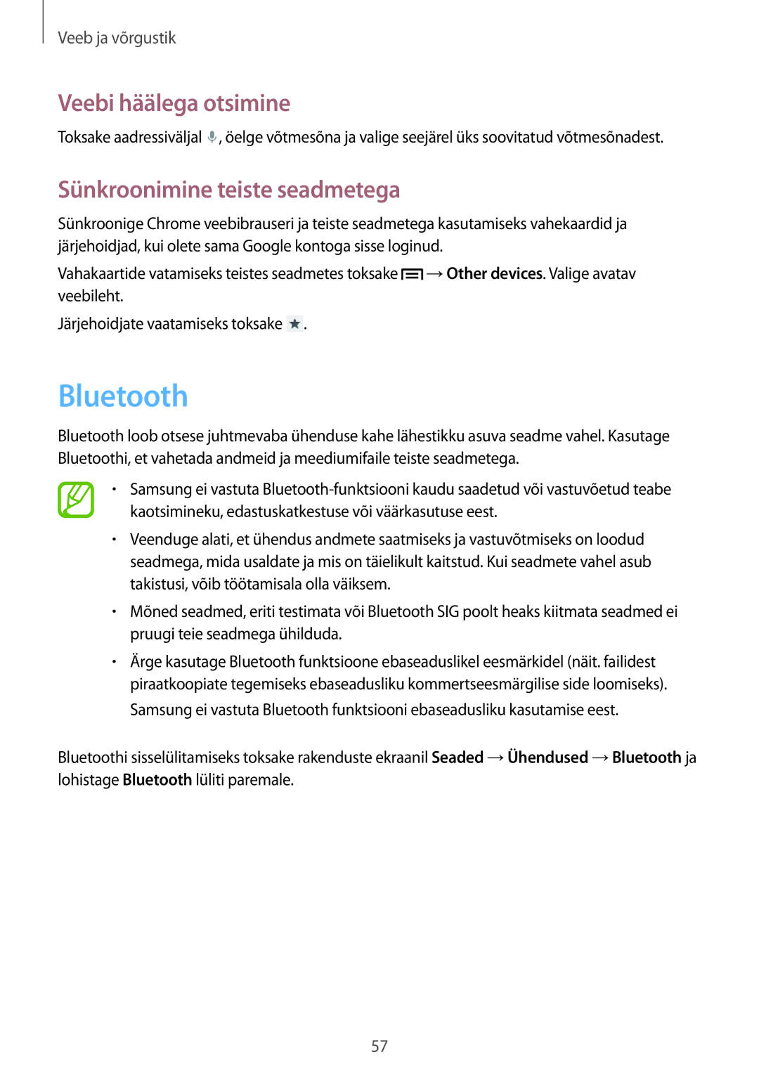 Samsung SM-G3815ZBASEB, SM-G3815RWASEB manual Bluetooth, Sünkroonimine teiste seadmetega 