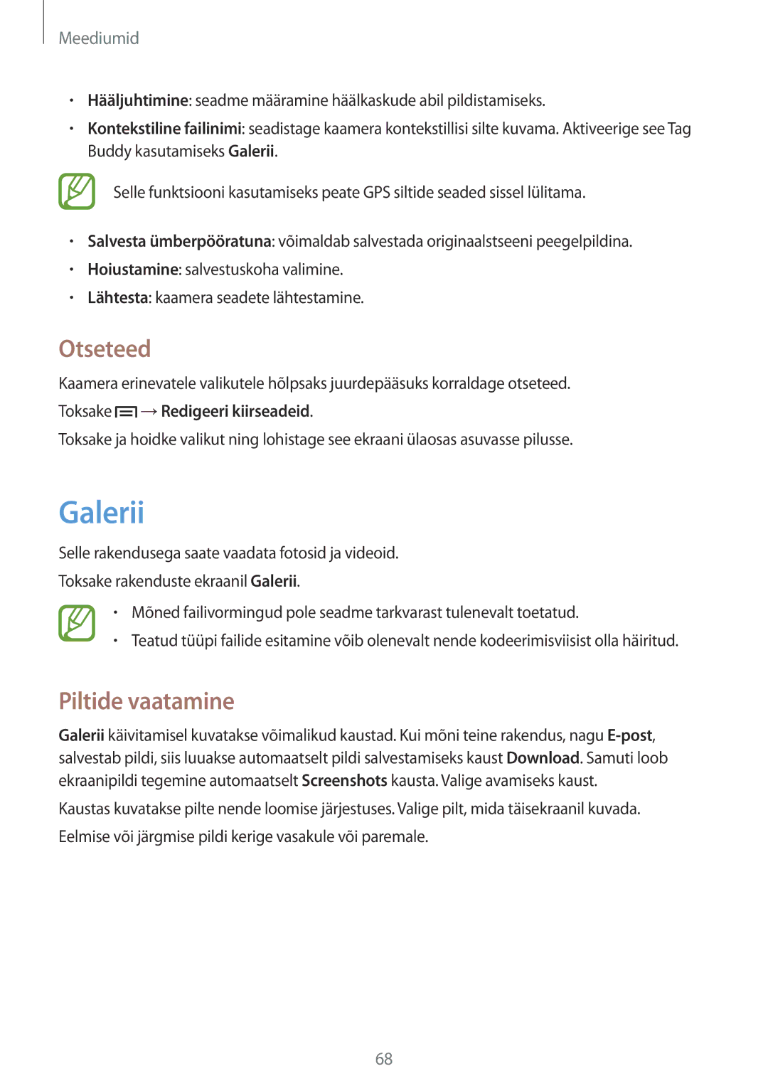 Samsung SM-G3815RWASEB, SM-G3815ZBASEB manual Galerii, Otseteed, Piltide vaatamine 