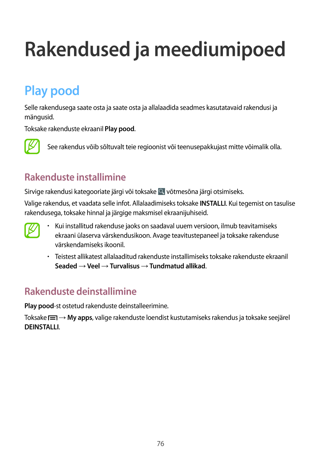 Samsung SM-G3815RWASEB, SM-G3815ZBASEB manual Play pood-st ostetud rakenduste deinstalleerimine 