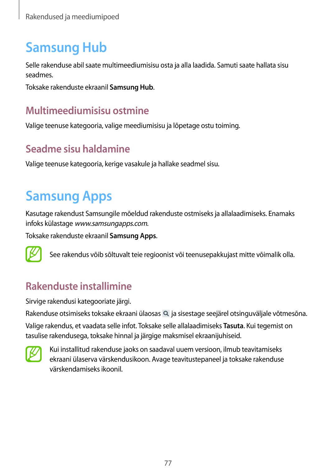 Samsung SM-G3815ZBASEB, SM-G3815RWASEB manual Samsung Hub, Samsung Apps, Multimeediumisisu ostmine, Seadme sisu haldamine 