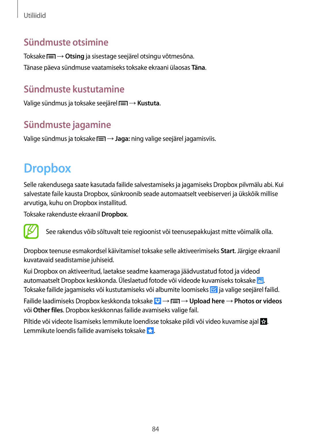 Samsung SM-G3815RWASEB, SM-G3815ZBASEB manual Dropbox, Sündmuste otsimine, Sündmuste kustutamine, Sündmuste jagamine 