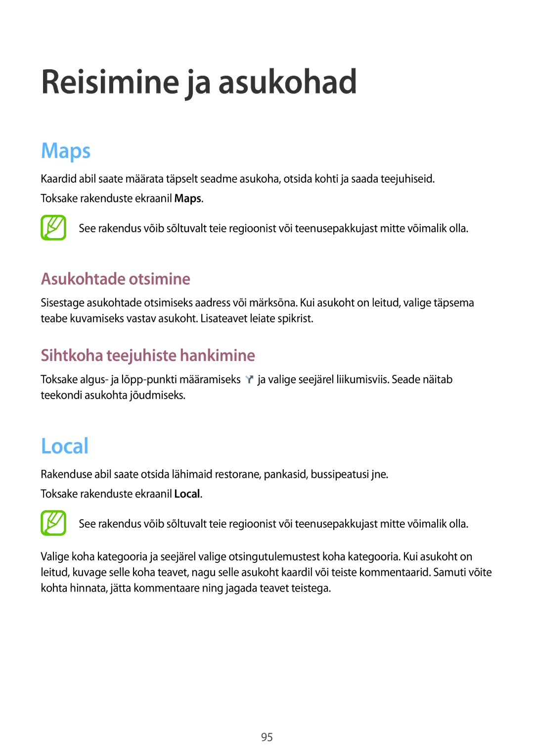 Samsung SM-G3815ZBASEB manual Reisimine ja asukohad, Maps, Local, Asukohtade otsimine, Sihtkoha teejuhiste hankimine 