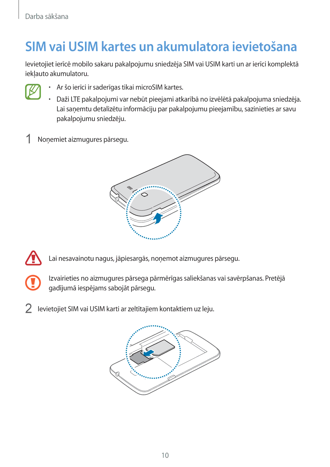 Samsung SM-G3815RWASEB, SM-G3815ZBASEB manual SIM vai Usim kartes un akumulatora ievietošana 