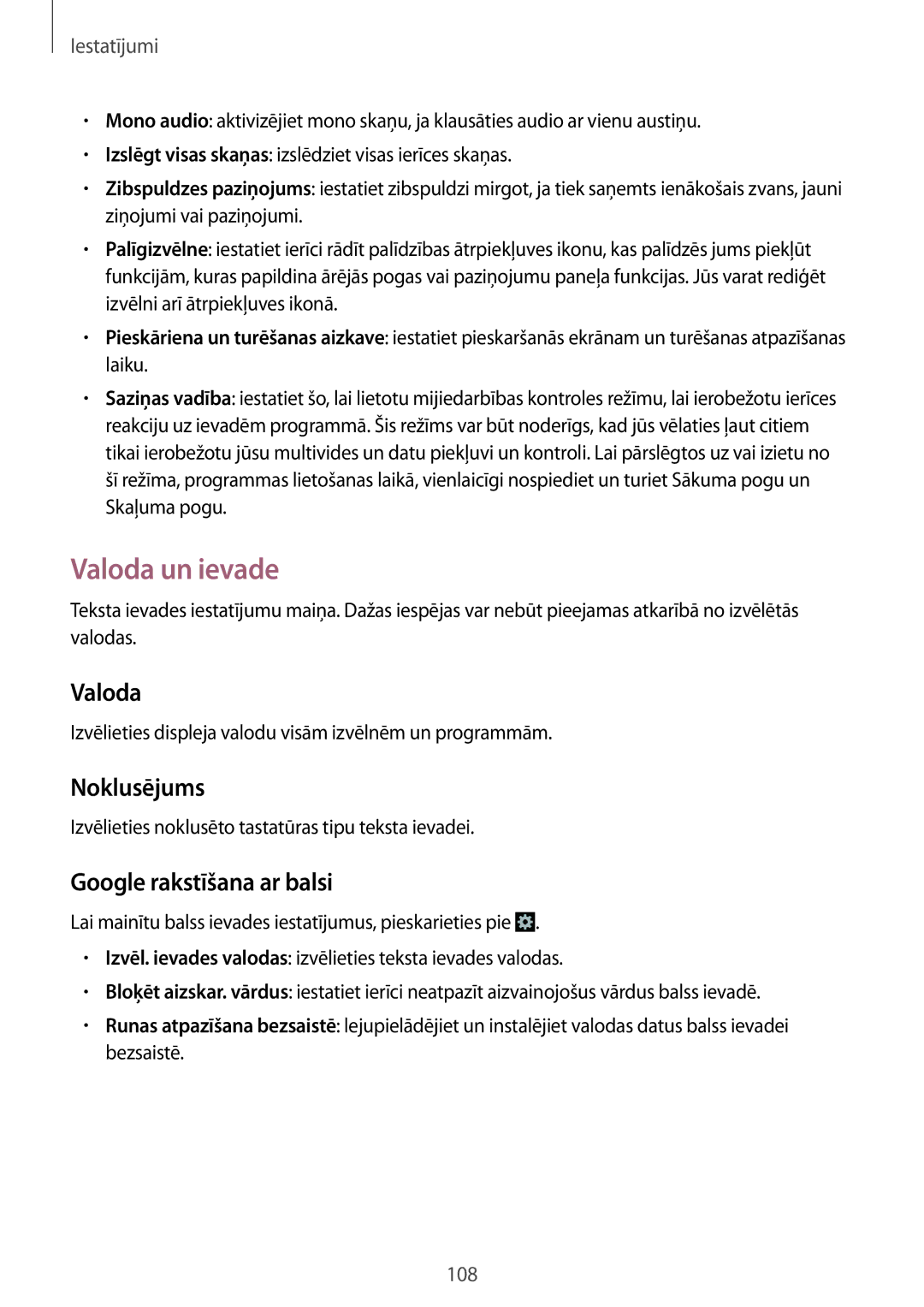 Samsung SM-G3815RWASEB, SM-G3815ZBASEB manual Valoda un ievade, Noklusējums, Google rakstīšana ar balsi 