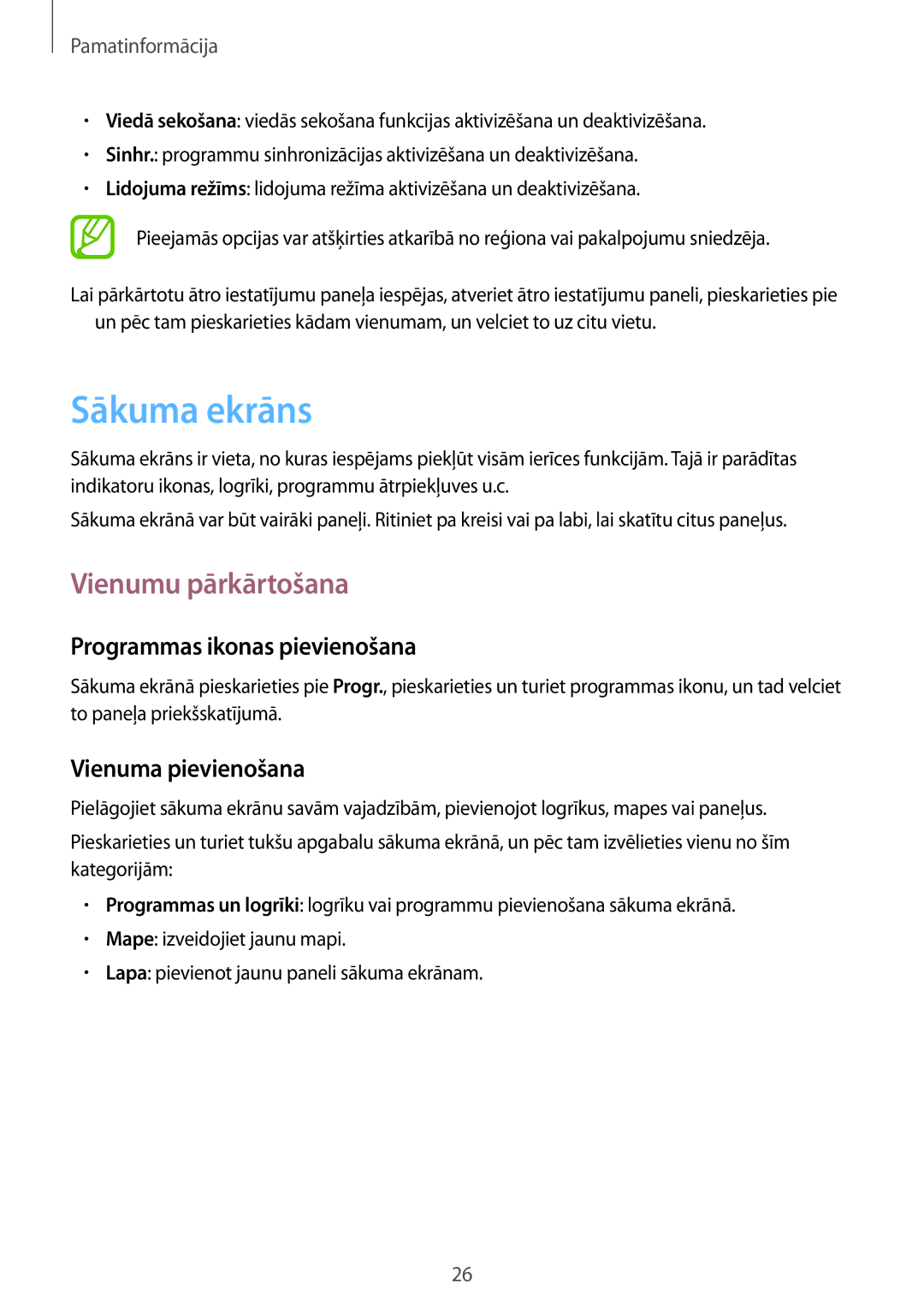 Samsung SM-G3815RWASEB manual Sākuma ekrāns, Vienumu pārkārtošana, Programmas ikonas pievienošana, Vienuma pievienošana 