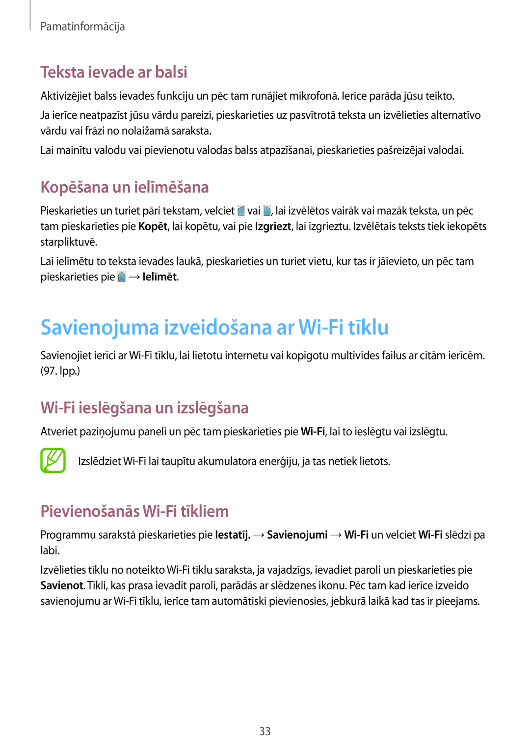 Samsung SM-G3815ZBASEB manual Savienojuma izveidošana ar Wi-Fi tīklu, Teksta ievade ar balsi, Kopēšana un ielīmēšana 