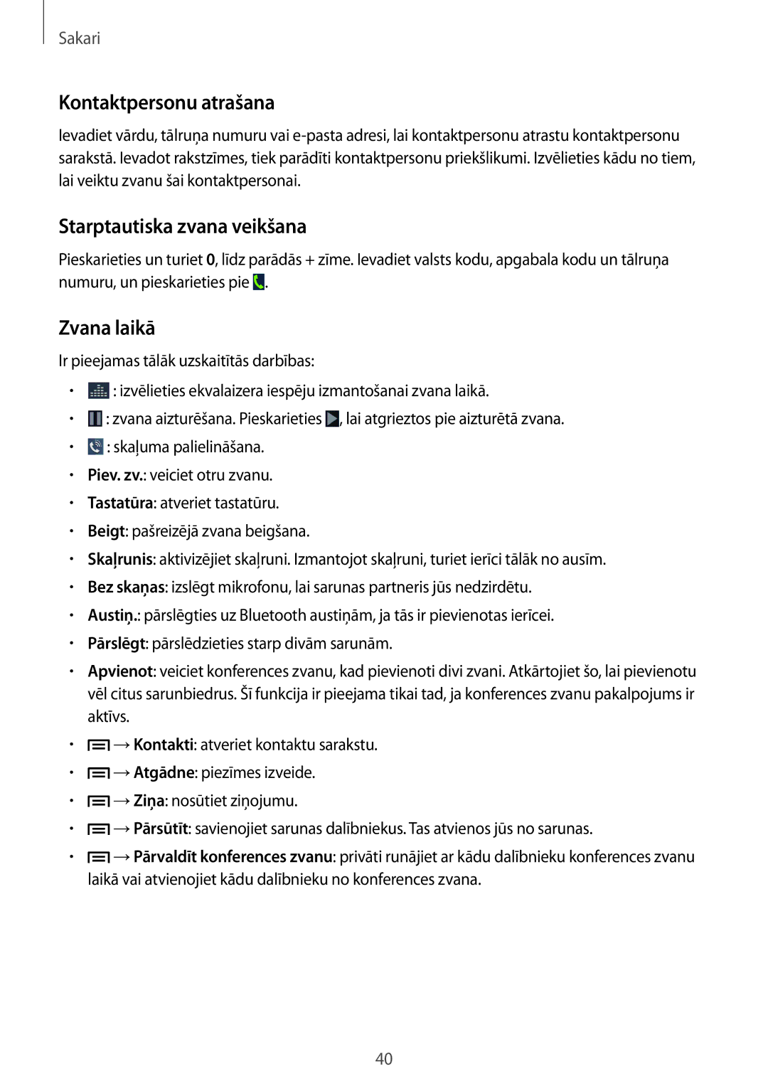 Samsung SM-G3815RWASEB, SM-G3815ZBASEB manual Kontaktpersonu atrašana, Starptautiska zvana veikšana, Zvana laikā 