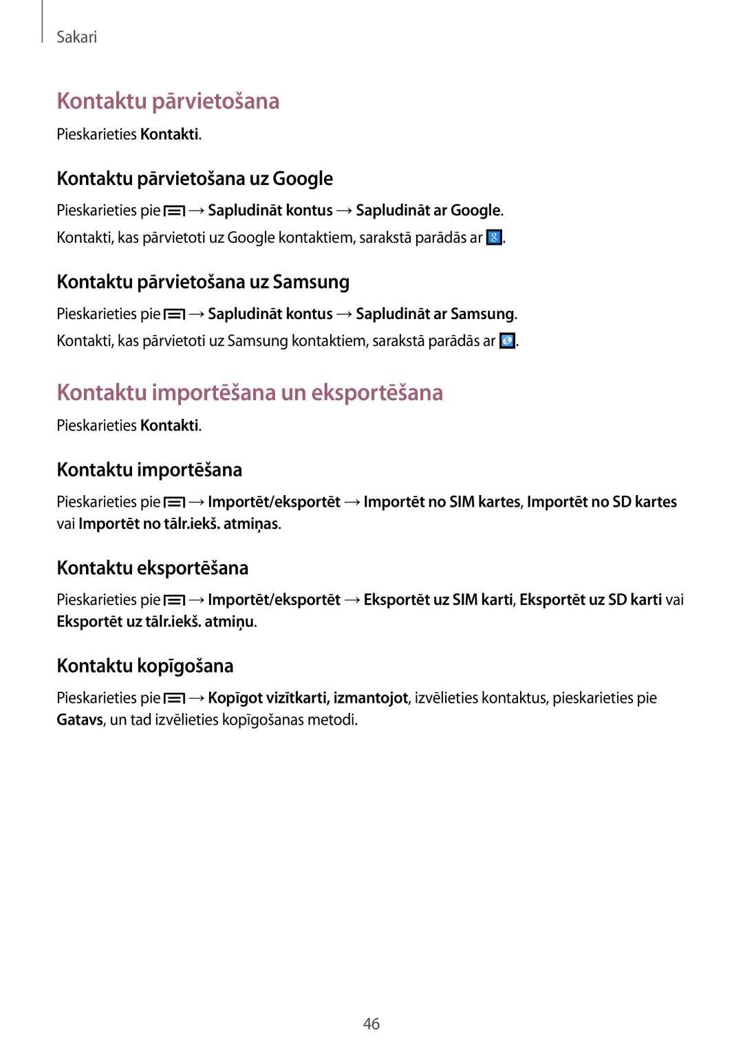 Samsung SM-G3815RWASEB, SM-G3815ZBASEB manual Kontaktu pārvietošana, Kontaktu importēšana un eksportēšana 