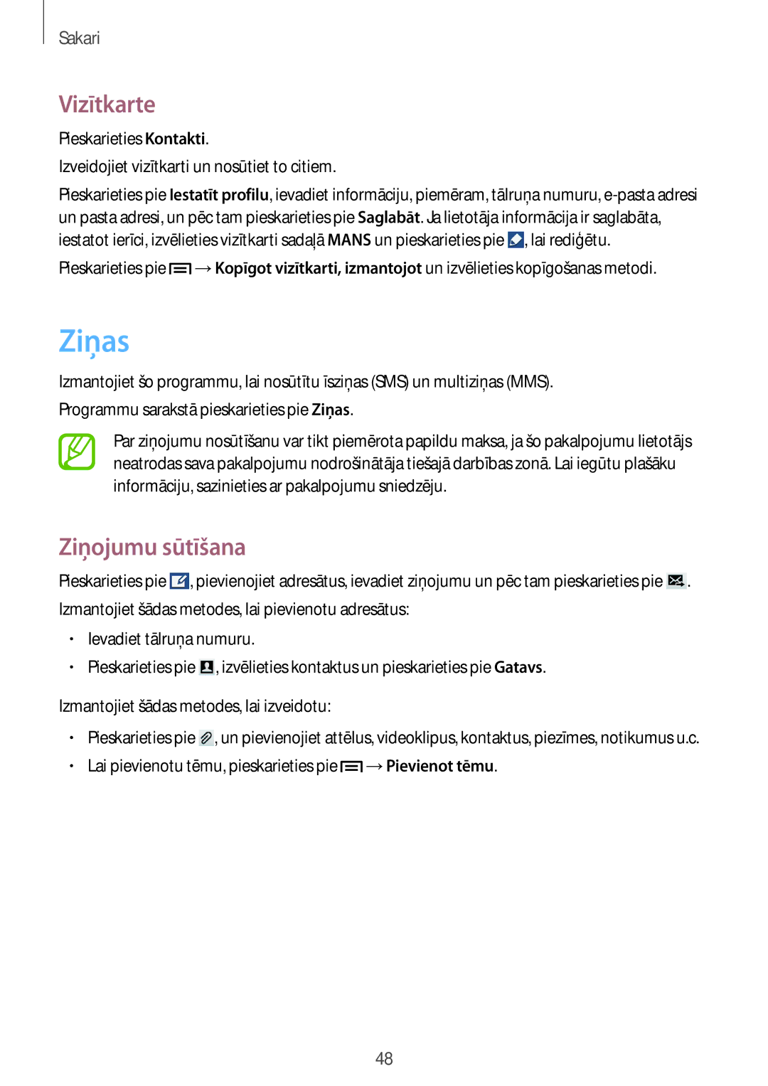 Samsung SM-G3815RWASEB, SM-G3815ZBASEB manual Ziņas, Vizītkarte, Ziņojumu sūtīšana 