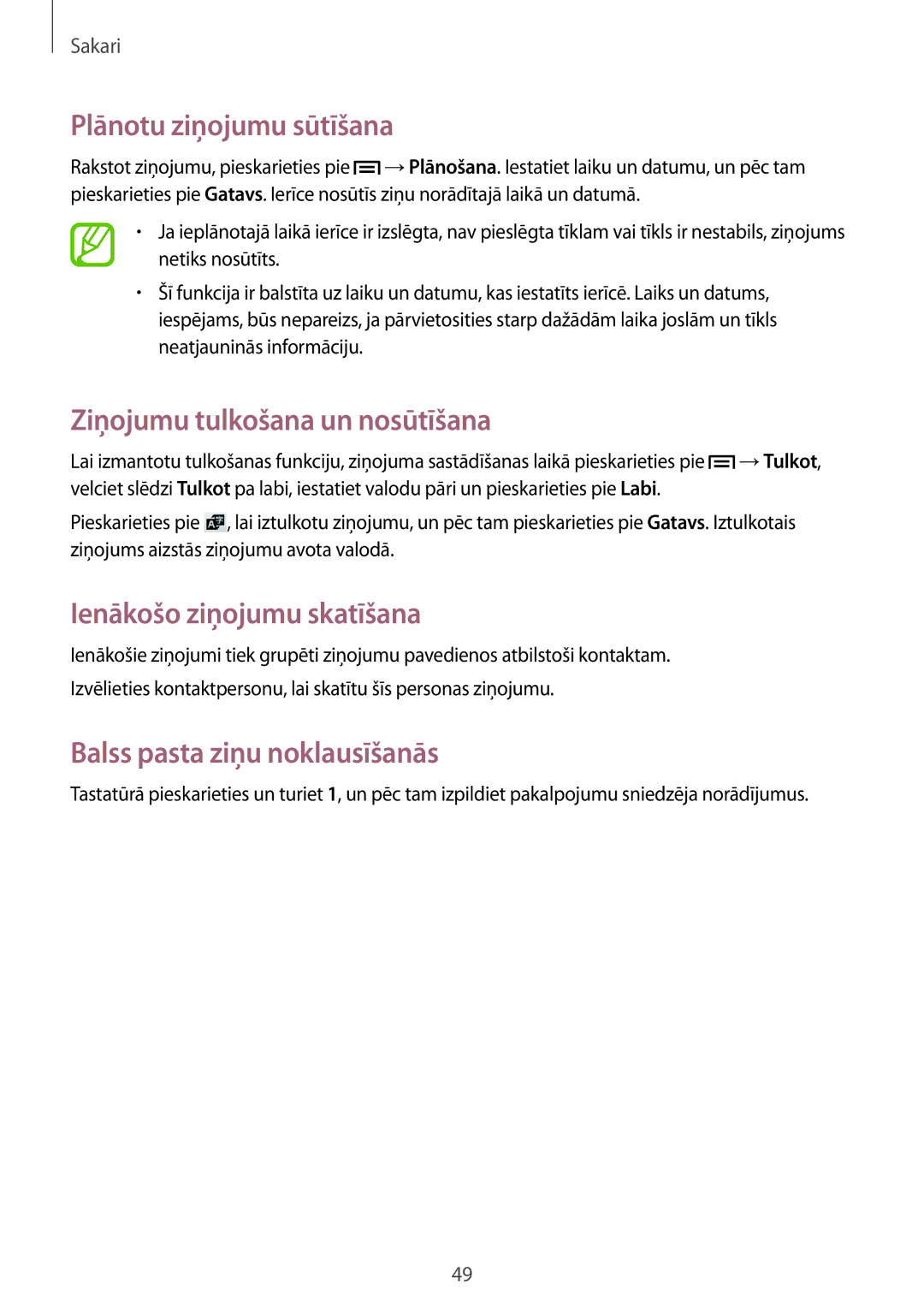 Samsung SM-G3815ZBASEB manual Plānotu ziņojumu sūtīšana, Ziņojumu tulkošana un nosūtīšana, Ienākošo ziņojumu skatīšana 