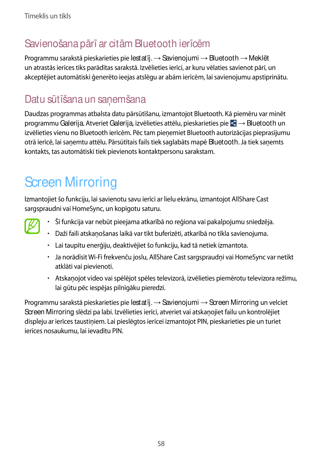Samsung SM-G3815RWASEB manual Screen Mirroring, Savienošana pārī ar citām Bluetooth ierīcēm, Datu sūtīšana un saņemšana 