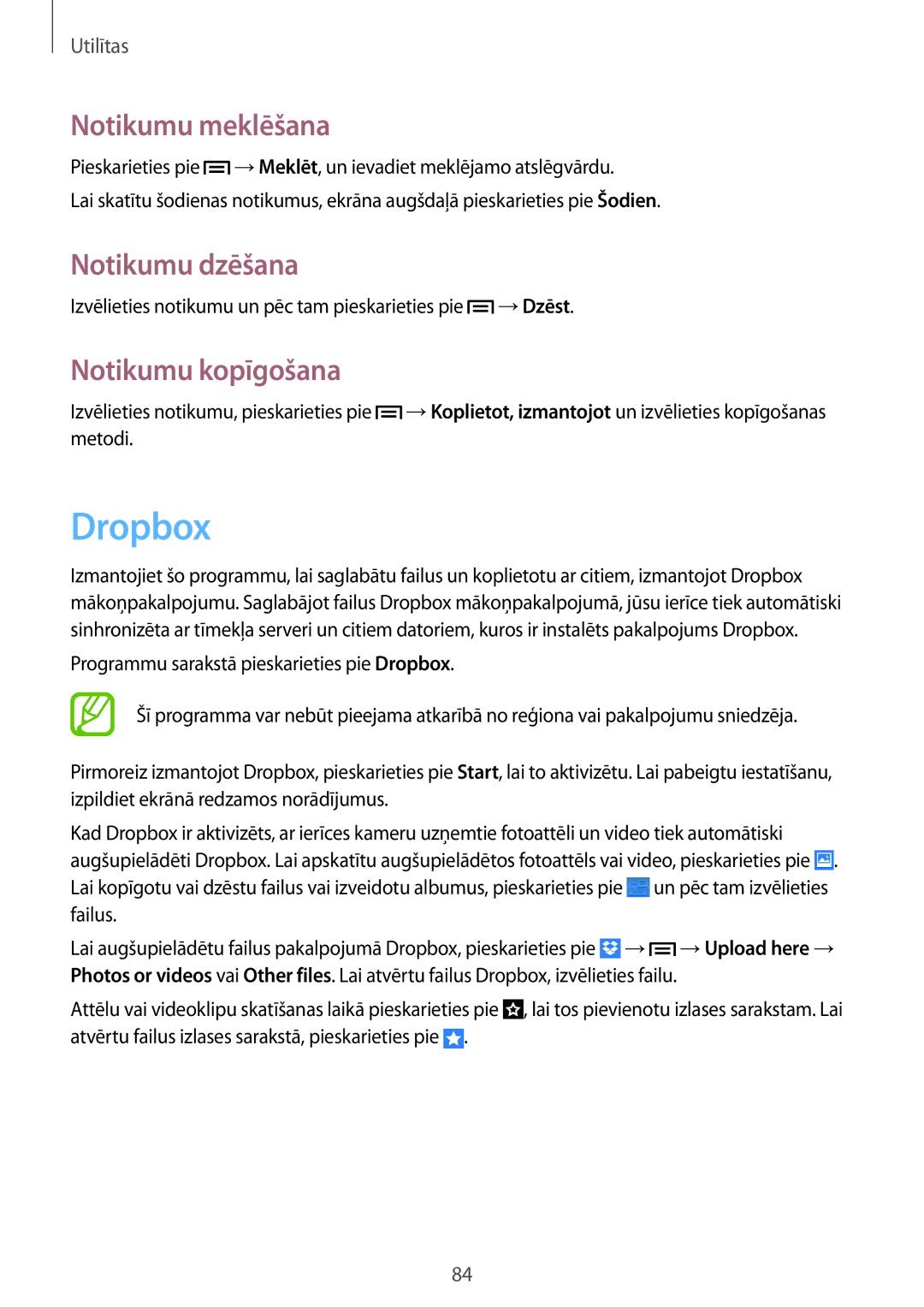 Samsung SM-G3815RWASEB, SM-G3815ZBASEB manual Dropbox, Notikumu meklēšana, Notikumu dzēšana, Notikumu kopīgošana 