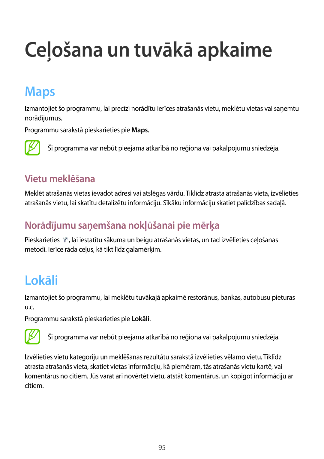 Samsung SM-G3815ZBASEB, SM-G3815RWASEB manual Ceļošana un tuvākā apkaime, Maps, Lokāli, Vietu meklēšana 