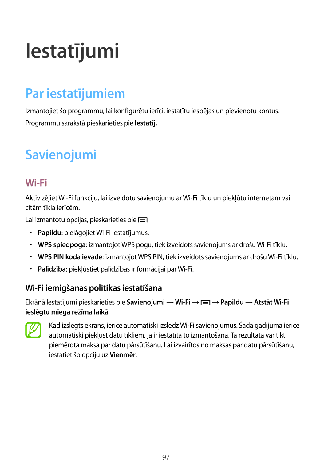 Samsung SM-G3815ZBASEB manual Iestatījumi, Par iestatījumiem, Savienojumi, Wi-Fi iemigšanas politikas iestatīšana 