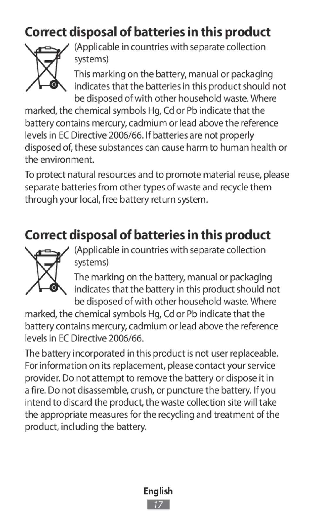 Samsung SM-N9005ZKESEB, SM-G3815RWAVGR, SM-G3815RWASEB, SM-G3500ZIADBT manual Correct disposal of batteries in this product 