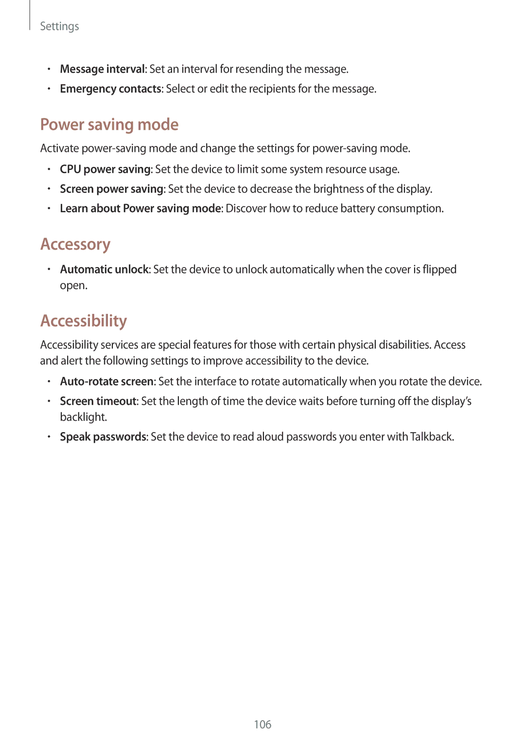 Samsung SM-G3815RWABGL, SM-G3815RWAVGR, SM-G3815RWASEB, SM-G3815ZBASEB manual Power saving mode, Accessory, Accessibility 