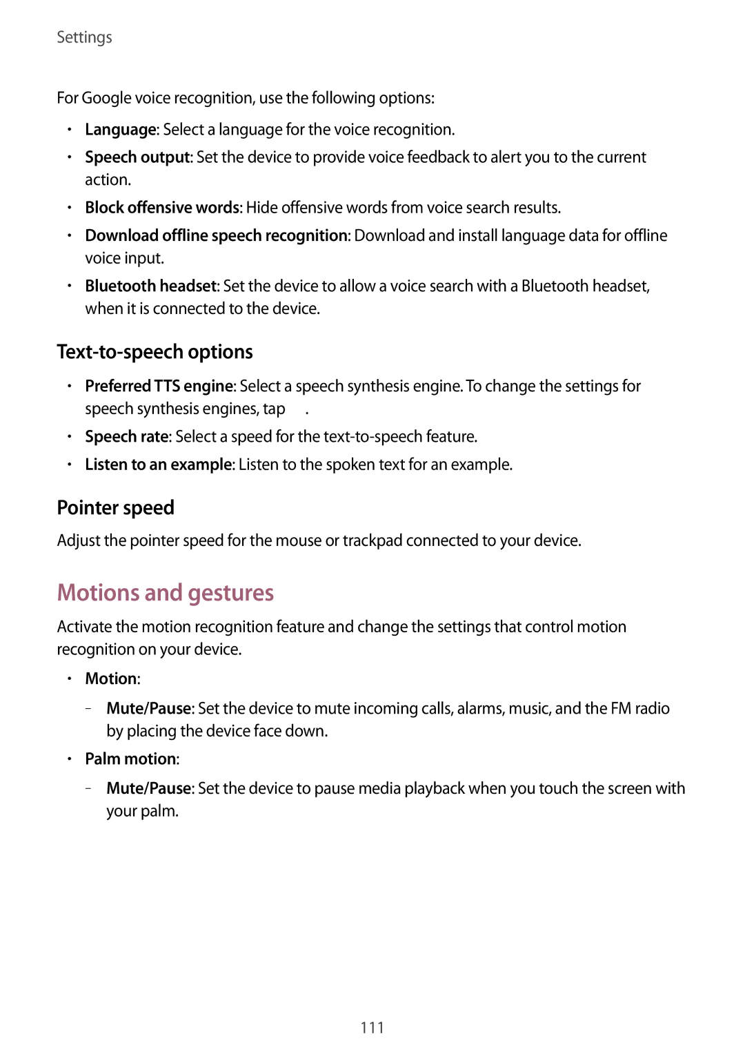 Samsung SM-G3815RWASEB, SM-G3815RWAVGR manual Motions and gestures, Text-to-speech options, Pointer speed, Palm motion 