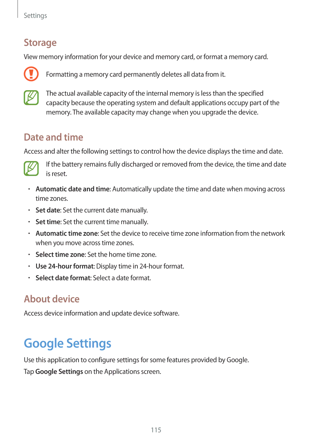 Samsung SM-G3815ZBAVD2, SM-G3815RWAVGR, SM-G3815RWASEB, SM-G3815ZBASEB Google Settings, Storage, Date and time, About device 