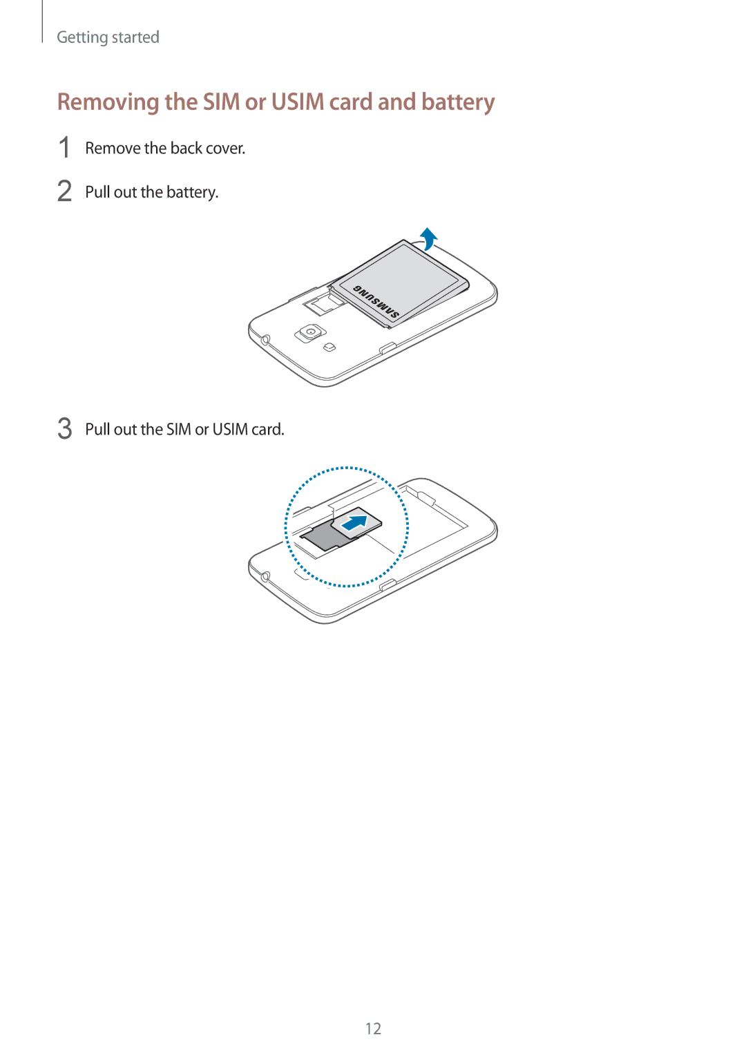 Samsung SM-G3815ZBACNX, SM-G3815RWAVGR, SM-G3815RWASEB, SM-G3815ZBASEB manual Removing the SIM or Usim card and battery 